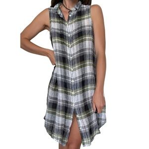 CP SHADES Linen Button Down Sleeveless Green Blue Plaid Mini Dress Tunic Small
